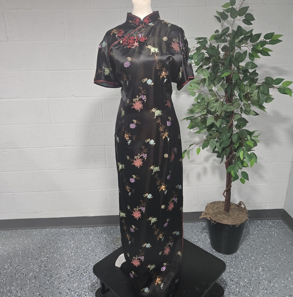 VTG 1960s Floral Brocade Silk Rayon Mandarin Sheath Slit Maxi Dress 42 Large